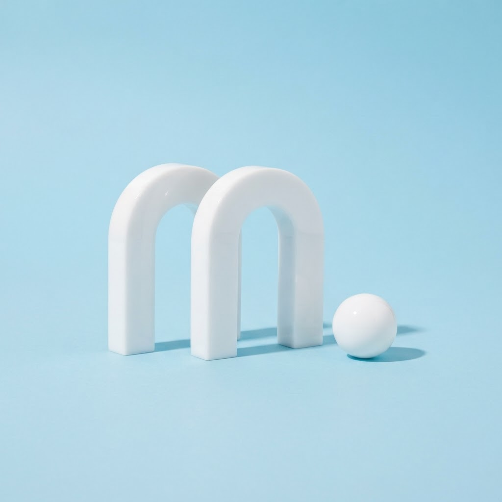 Glossy white arch shapes and a sphere on a pastel sky-blue background